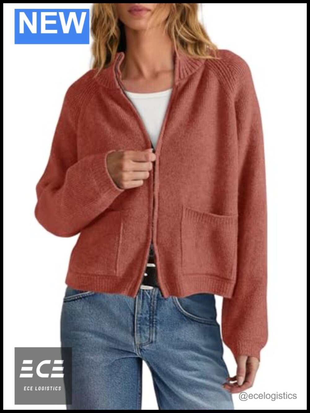 Women Zip Up Chunky Knit Cardigan Sweater Jacket with Pockets Long Sleeve